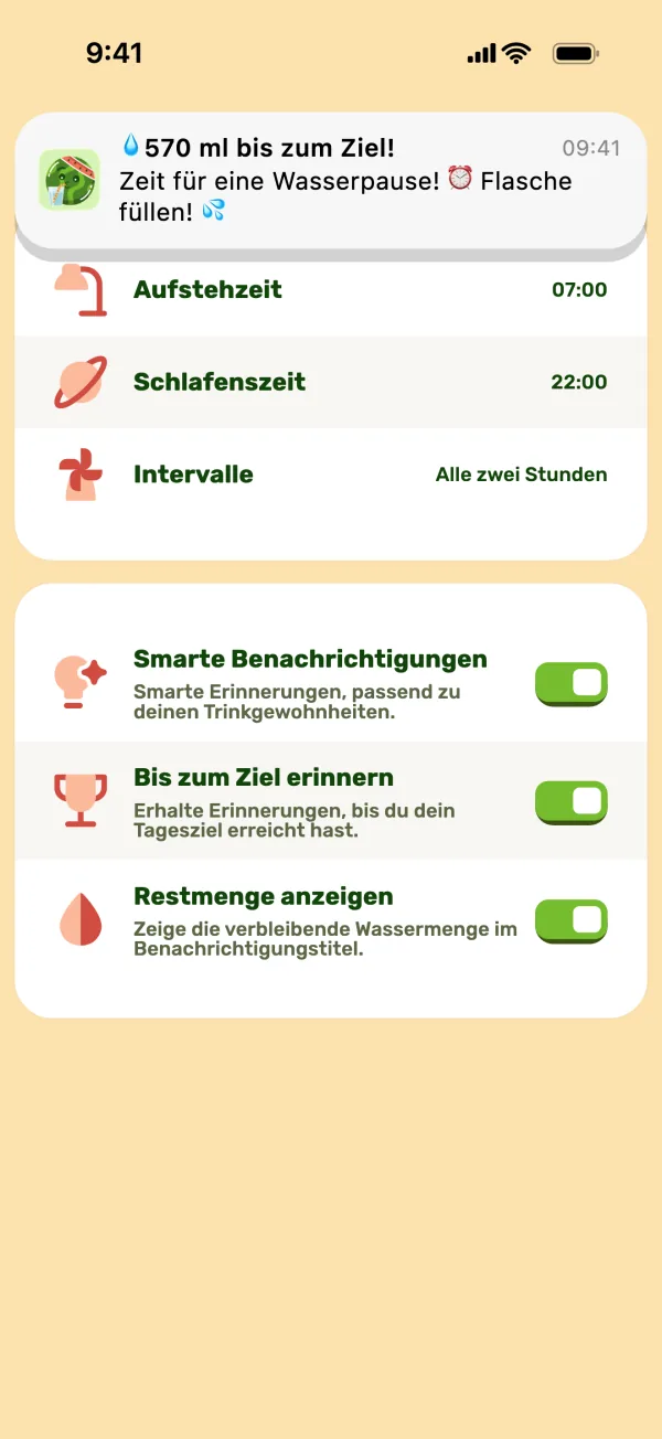 Einstellungen der Trinkerinnerung mit einer Benachrichtigung oben
