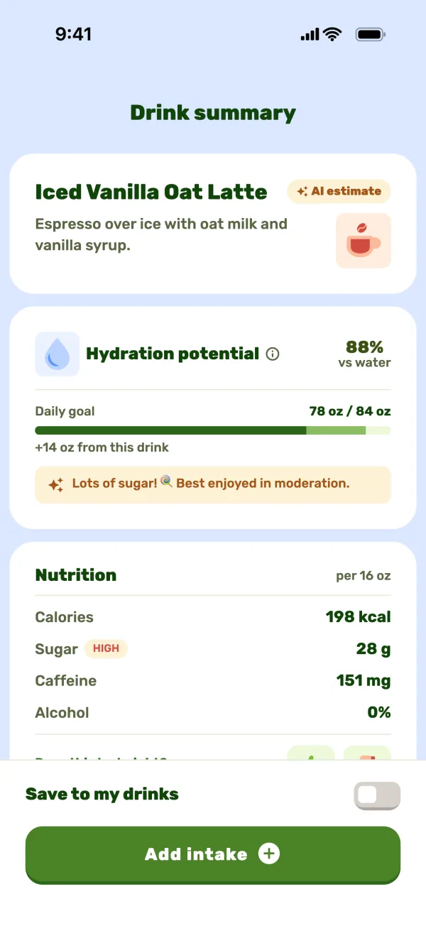 Drink summary from the AI with hydration, sugar and caffeine