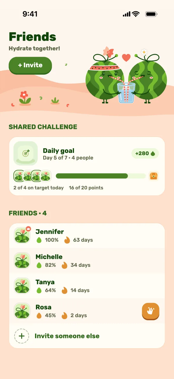 Friends screen with a shared challenge and friends’ progress