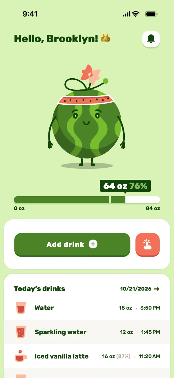 Waltermelon home screen with Walter, today’s progress and drinks