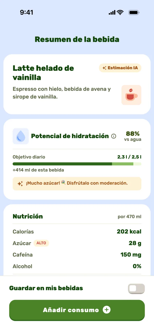 Resumen de una bebida generado por la IA, con hidratación, azúcar y cafeína