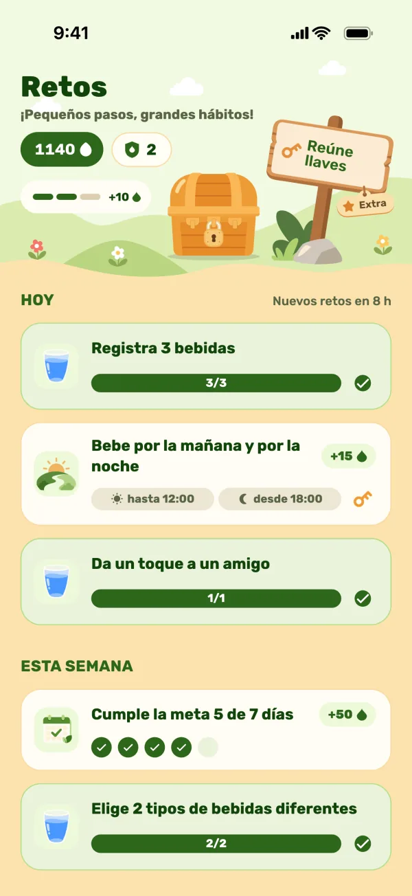 Pantalla de retos con el cofre y los retos de hoy