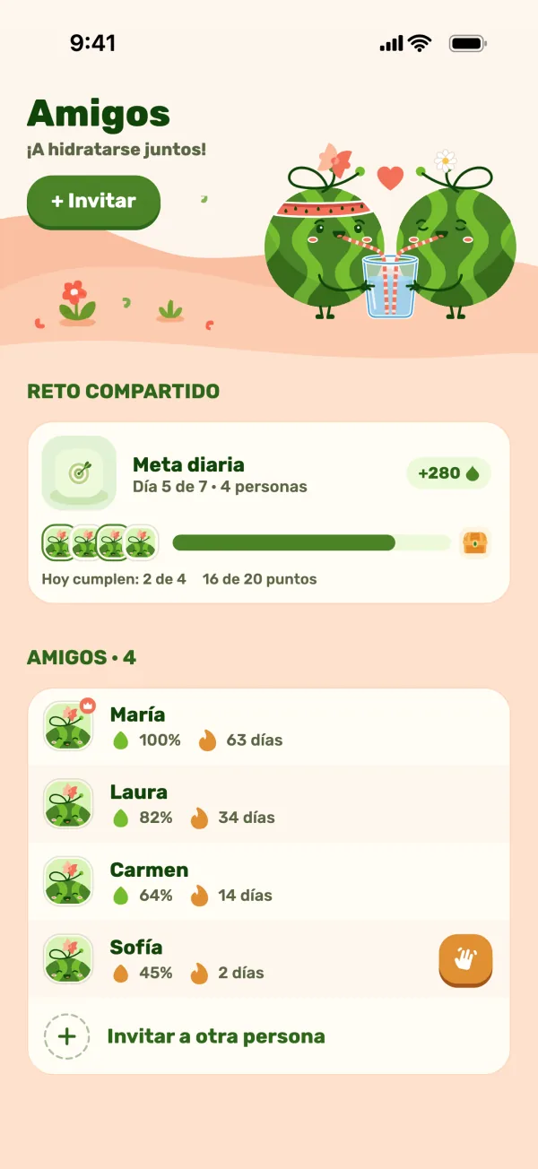 Pantalla de amigos con un reto compartido y el progreso de tus amigos