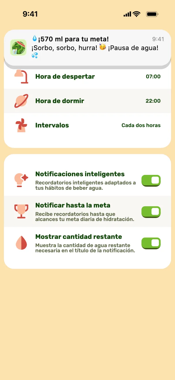 Ajustes de recordatorios con una notificación arriba