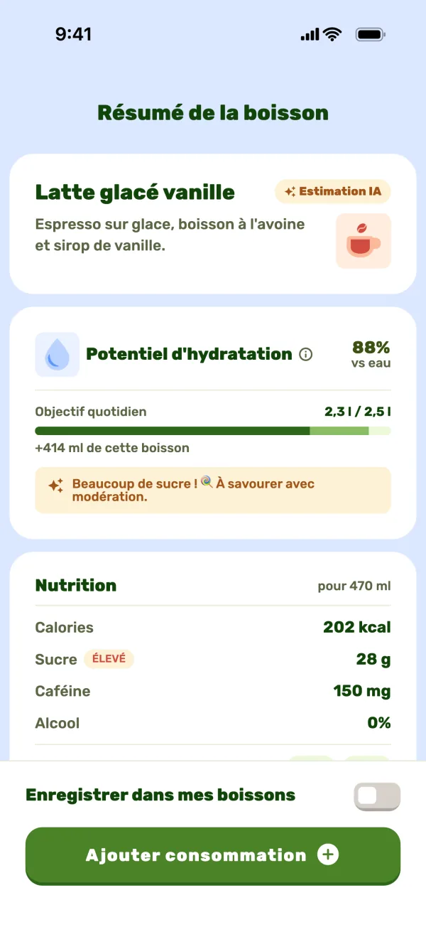 Résumé de la boisson par l’IA, avec hydratation, sucre et caféine