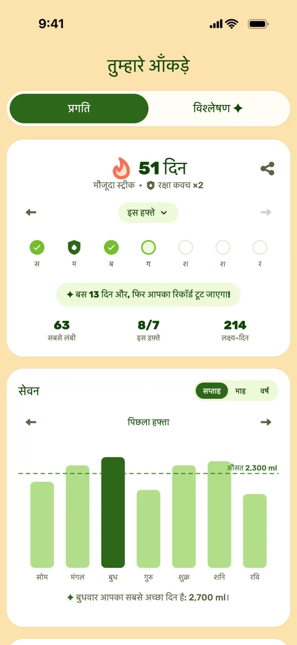 स्टैट्स स्क्रीन, जिसमें लंबी स्ट्रीक और रक्षा कवच दिख रहे हैं