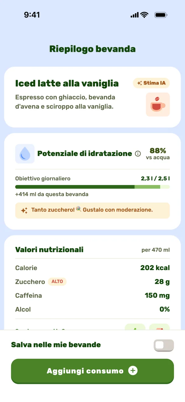 Riepilogo della bevanda dall’IA, con idratazione, zuccheri e caffeina
