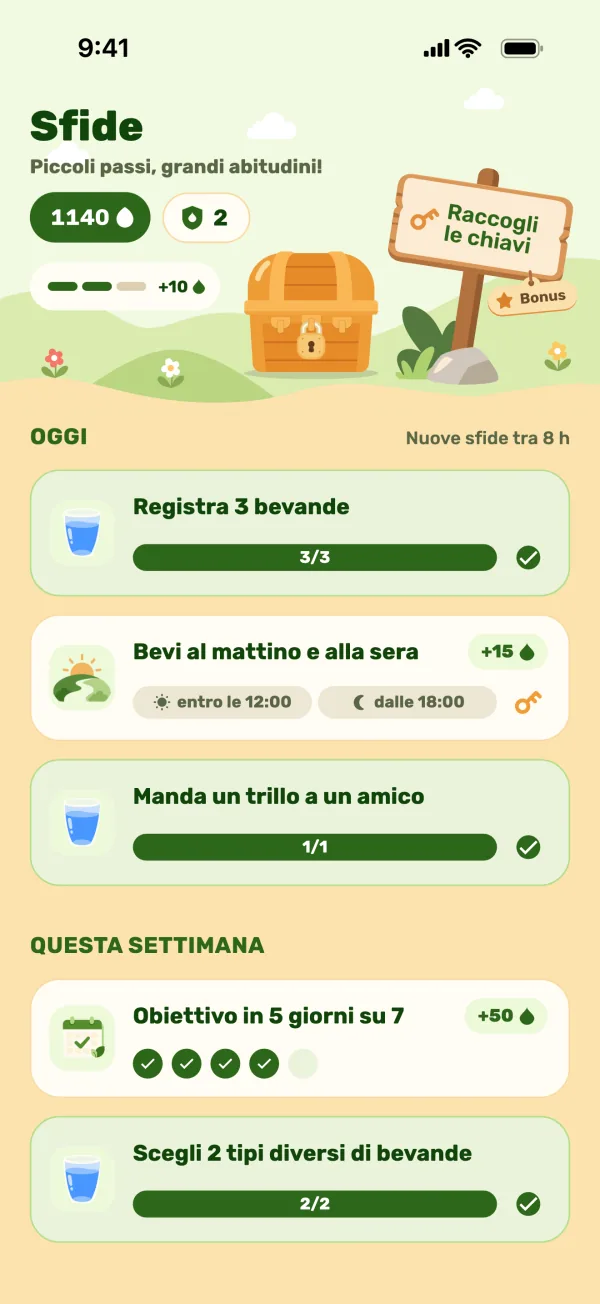 Schermata delle sfide con il forziere e le sfide di oggi