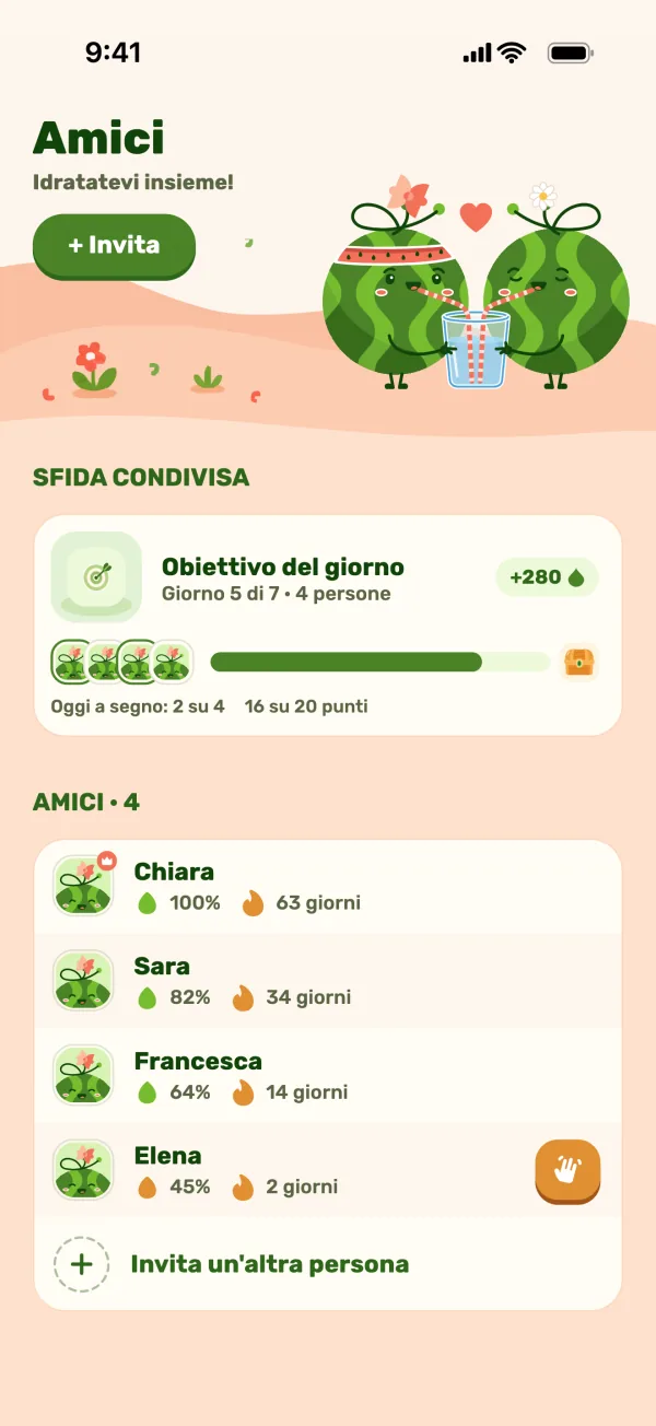 Schermata amici con una sfida condivisa e i progressi degli amici