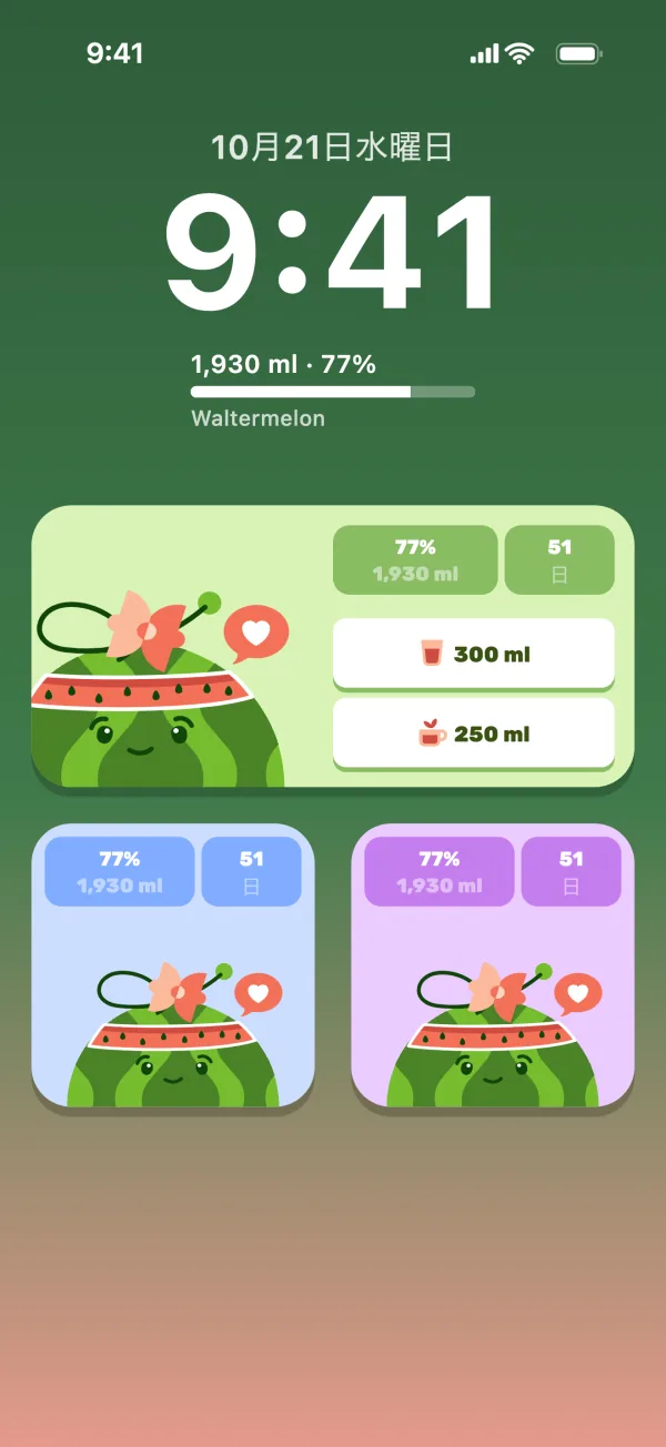 Waltermelonのウィジェットが表示されたロック画面