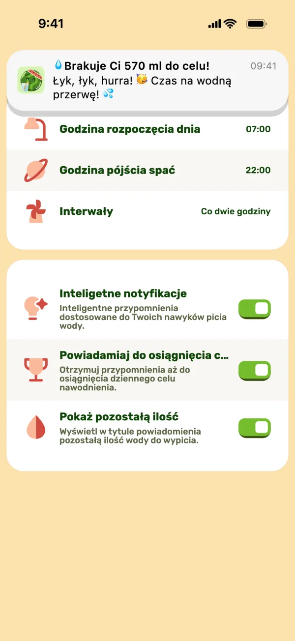 Ustawienia przypomnień z powiadomieniem u góry ekranu