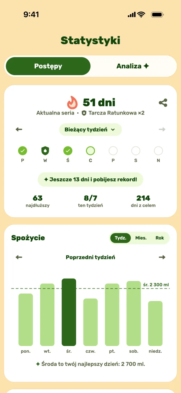 Ekran statystyk z długą serią i Tarczą Ratunkową