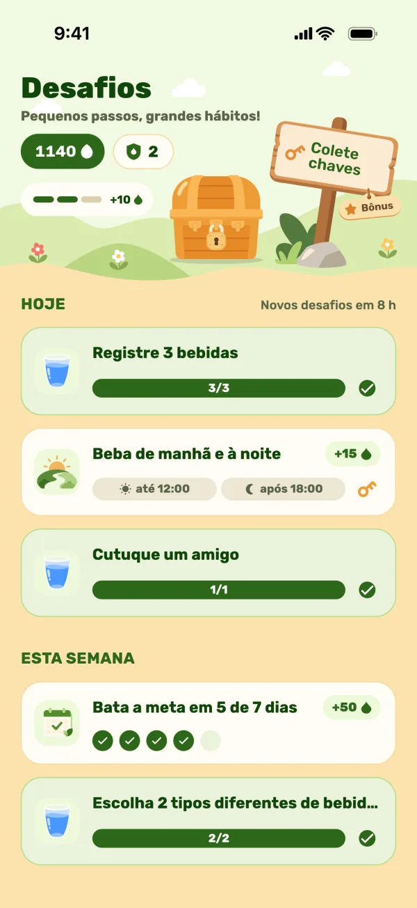 Tela de desafios com o baú e os desafios de hoje