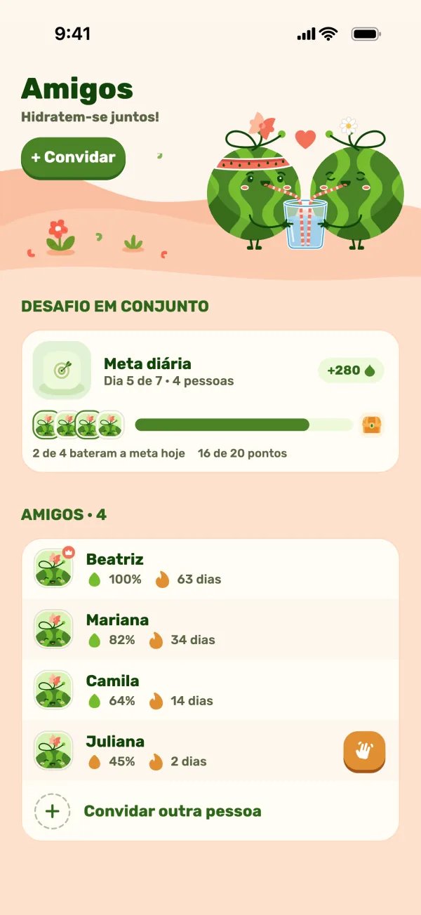 Tela de amigos com um desafio em grupo e o progresso dos amigos