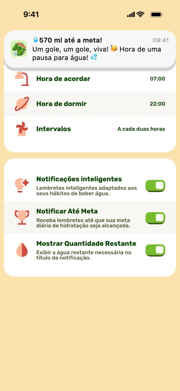 Configurações de lembretes com uma notificação no topo